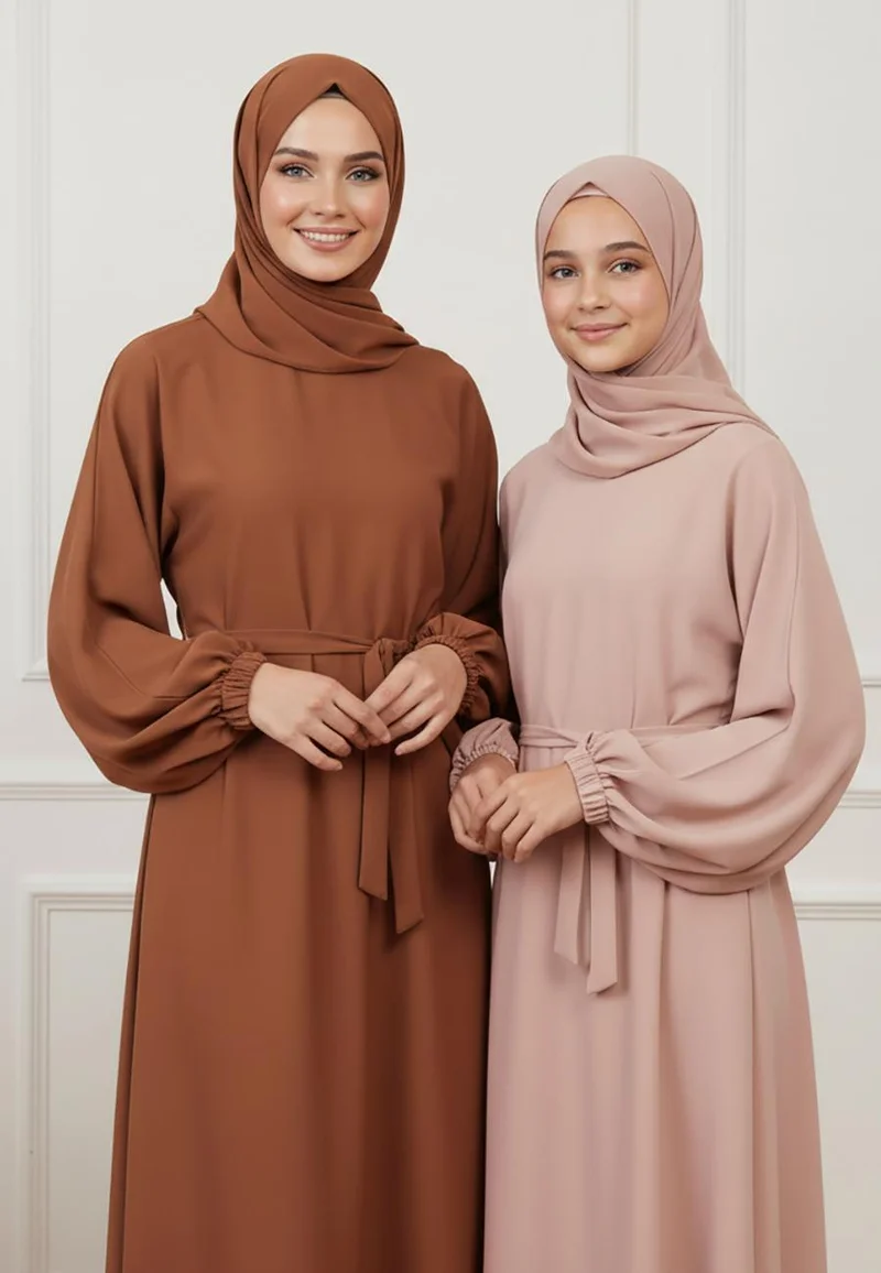 النخبة The Zahra Artistic Contrast Mother & Daughter Abaya-AB80MD  (Dresses are sold individually. To create a matching mom and daughter set, please purchase two items in different sizes)